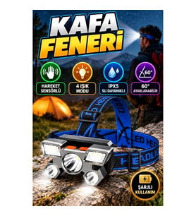 Hareket Sensörlü Şarjlı LED Kafa Feneri – 4 Işık Modu, IPX5, 60° Ayarlanabilir