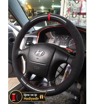 Hyundai Santa Fe Dikme Direksiyon Kılıfı Alcantara Süet Mat Karbon Kırmızı Yüzük ve Dikiş 2001-2006