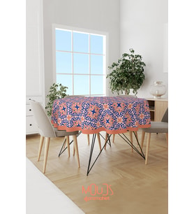 Lacivert Rose Süsleme İslamik Desenli Süet Kumaş Dertsiz Yuvarlak Masa Örtüsü