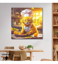 Kare Kanvas Mutfak Tablosu Aşçı Hayvanlar Sarı Sarman Kedi