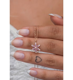 925 Ayar Gümüş Pembe Taşlı Lotus Kamelya Çiçeği Kolye