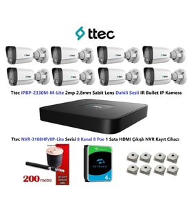 Nif Bilişim Ttec 2mp Mikrofonlu 8 Kameralı 4TB Disk Tak Çalıştır Hazır IP Kamera Seti (Beyaz)