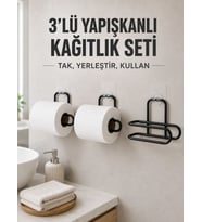 3’lü Siyah Duvar Tipi Kağıtlık Seti Yapışkanlı Pratik Rulo Tutucu