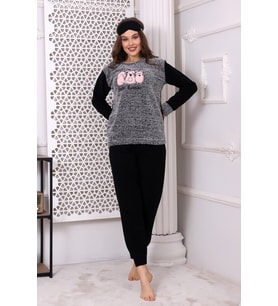 Fawn 3016 Peluş Welsoft Polar Kışlık Kadın Yumoş Pijama Takımı (Gri - Siyah)