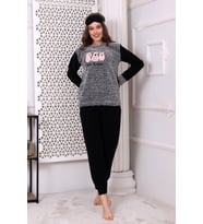 Fawn 3016 Peluş Welsoft Polar Kışlık Kadın Yumoş Pijama Takımı (Gri - Siyah)