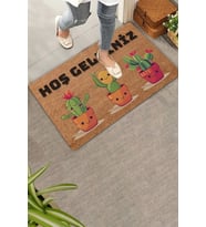 Valerine Life Opuntia Tavşan Kulağı Üçlü Sevimli Kaktüsler Hoş Geldiniz Kapı Önü Paspası 45x70cm (Kahverengi)