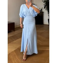 bebe mavi V-yaka likralı yazlık elbise NBMY3579