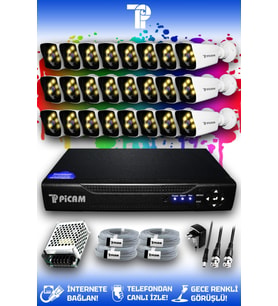 PICAM 24 Kameralı Kare 24 Dış Kamera Set HDD'siz Full HD Renkli Gece Görüşlü Güvenlik Kamerası Sistemi