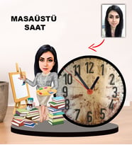 Kişiye özel Karikatür  Kadın Resim Öğretmeni tasarımlı Masaüstü Saat, Öğretmenler Günü Hediyesi, Öğretmene hediye  1