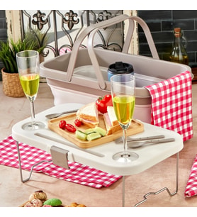 bigmate Portatif Katlanır Piknik Seti 25Lt Silikon Sepetli Masalı Piknik Sepeti (Krem)