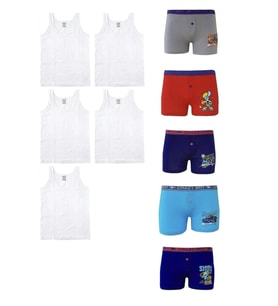 Erkek Çocuk 5 Atlet 5 Desenli Boxer Pamuklu Likralı Terletmez Takım