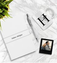 Kendin Tasarla İsimli Beyaz Defter Kalem Kupa ve Çerçeve Seti