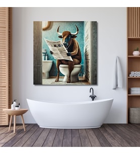 Tekli Kare Kanvas Banyo Tablosu Gazete Okuyan Öküz Görseli