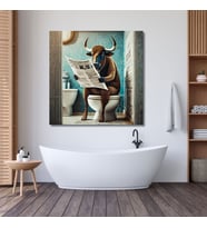 Tekli Kare Kanvas Banyo Tablosu Gazete Okuyan Öküz Görseli