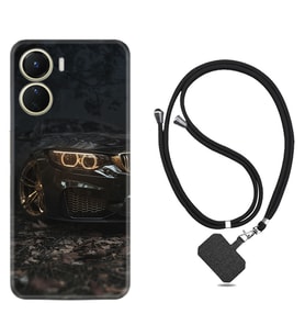 Vivo Y16 Kılıf Silikon Boyun Askılı İpli Desenli Silikon Black Car 1768