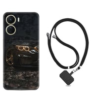 Vivo Y16 Kılıf Silikon Boyun Askılı İpli Desenli Silikon Black Car 1768