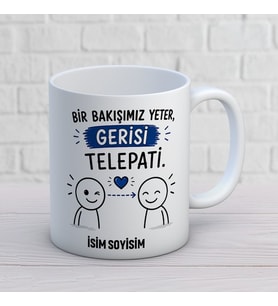 Kişiye Özel Arkadaş Tasarımlı Gerisi Telepati Yazılı İsimli Seramik Kupa Bardak