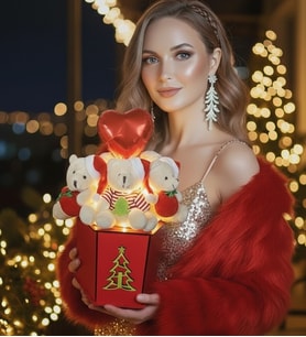 Yılbaşı ÖZEL Seri  Sevgiliye Hediye Lüks Ahşap Kutuda Yılbaşı Temalı LED Işıklı Kalp Balonlu, Noel Şapkalı ve Çuvallı 6’lı Ayıcık Buketi (Kırmızı)