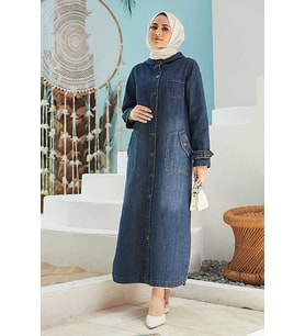6329-Kapşonlu Denim kap Koyu Mavi