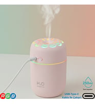 250ML RGB Işıklı Süper Sessiz Type-C Mini Hava Nemlendirici & Aroma Difüzör (Pembe-Fuşya)