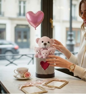 Livra Gift - Pembe Kalp Balonlu Peluş Ayıcık Buketi & Özel Seri Kalp Logolu Hediye Kutusu - Sevgililer Günü & Yıldönümü Hediyesi