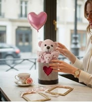 Livra Gift - Pembe Kalp Balonlu Peluş Ayıcık Buketi & Özel Seri Kalp Logolu Hediye Kutusu - Sevgililer Günü & Yıldönümü Hediyesi