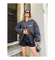 Unisex Uzun Kol Baskılı Bomber Ceket - Siyah
