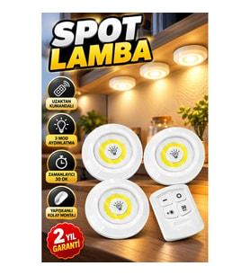 3’lü Kablosuz LED Spot Lamba Seti – Uzaktan Kumandalı, Yapışkanlı, Zamanlayıcılı