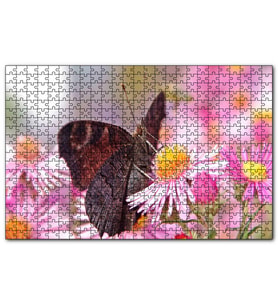 Cakapuzzle Mor Çiçeklerin Üzerindeki Kahverengi Kelebek Puzzle Yapboz MDF (Ahşap) (120 Parça)