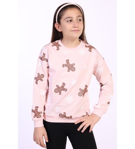 Toontoy Kız Çocuk Kar Taneli Kurabiye Baskılı Sweatshirt (Pudra)