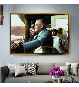 Tablore Renklendirilmiş Atatürk Profil Portresi Ve Heyeti Çerçeveli Kanvas Tablo Modern Salon Dekoru