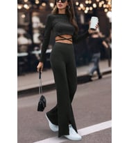 Nare Taş Baskılı Siyah Pamuklu Crop Bluz Pantolon Kadın Takım
