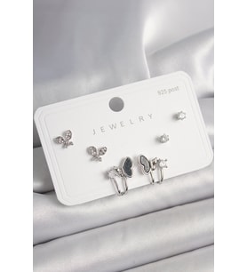 925 Ayar Gümüş Çivi Pirinç Gümüş Renk Zirkon Taşlı Model Kadın Küpe Seti - Tj-Bkp10404