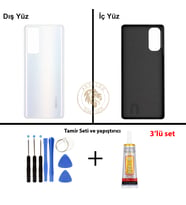 Oppo KAPAK Vida Seti + Yapıştırıcı Reno 4 Beyaz Yapıştırıcı B-7000 Yapıştırıcı Vida Seti Arka Kapak Arka Cam Batarya Kapağı Lazer Kesim Kapak Pil Kapağı Back Cover