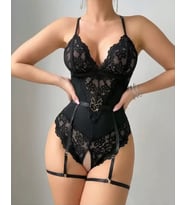 Kadın Siyah Dantel Jartiyerli Bodysuit Gecelik - Kemer Detaylı