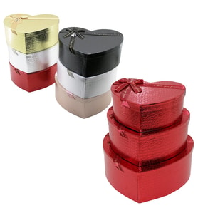 3PCS KALP PARLAK MİX RENKLİ - KABARTMA DESEN KARTON HEDİYE KUTUSU KURDELALI 31X28-27X24-23X20CM