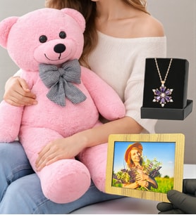 Size Özel Ahşap Fotoğraf Çerçevesi, Peluş Ayıcık ve Gerçek Ametist Taşlı Lotus Kolye (Model 1)