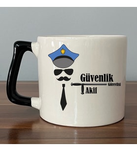 Kişiye Özel Güvenlik Görevlisi Baskılı Siyah Kulplu D Kupa (Beyaz)
