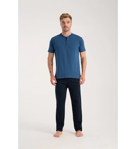 pilelistore- Erkek İndigo Düğmeli Yaka Kısa Kol Pijama Takımı