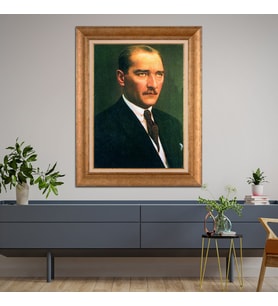 Altın Varaklı Çerçeveli Paspartulu Atatürk Tablo DC1360 (Gold)