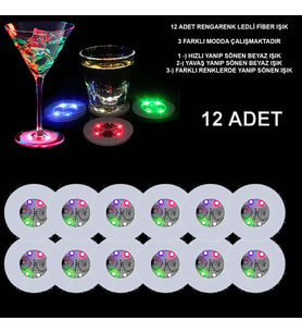 Renkli LED Işıklı Bardak Altlığı - 12 Adet, Pilli