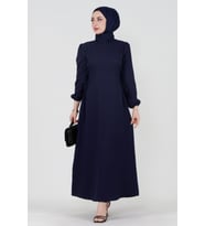 Yanı Bağcıklı Keten Elbise-Lacivert
