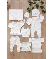 Kız Bebek Natıral Pamuk Kumaş Fistolu Dantelli Lüks 10 Lu Hastane Çıkışı Set STL6634 (Beyaz)