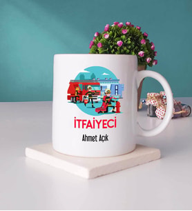 İtfaiyeci Tasarımlı Kişiye Özel Hediye İtfaiyeci Kupa Bardak ve Taş Bardak Altlığı Hediye Seti
