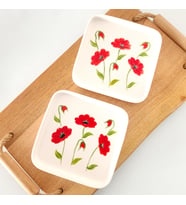 Kırmızı gelincik desen el yapımı kare mini sunum tabağı 2'li