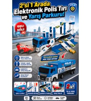 2'si 1 Arada Işıklı ve Sesli Dönüşebilen Oyuncak Polis Tırı Asansörlü Yarış Parkuru Seti