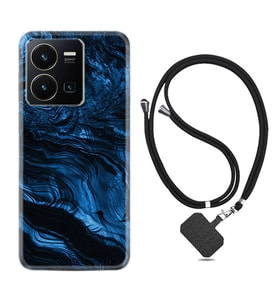 Vivo Y35 Kılıf Resimli Boyun Askılı İpli Desenli Silikon Blue MArble 1379