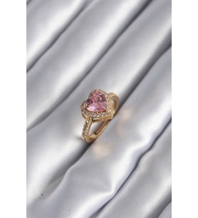 Pirinç Gold Renk Pembe Zirkon Taşlı Charm Kalp Model Kadın Yüzük