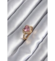 Pirinç Gold Renk Pembe Zirkon Taşlı Charm Kalp Model Kadın Yüzük