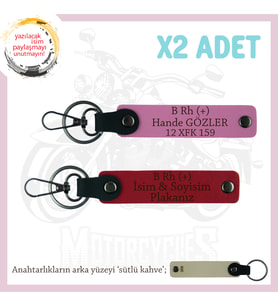 Motosiklet Aşıkları İçin İsim Plaka ve B Rh (+) Kan Grubu Yazılı x2 Anahtarlık Set, Kırmızı-Pembe-SK